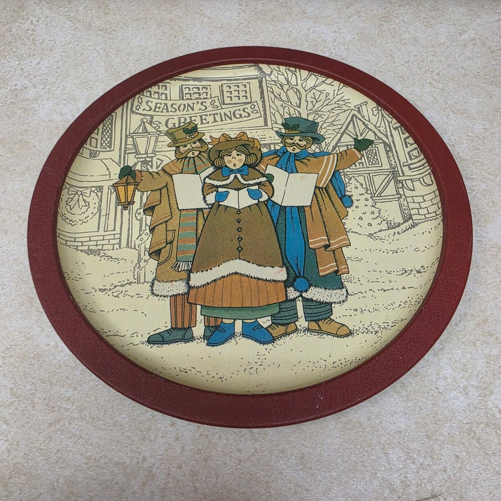 Vtg Cottagecore Wangs Carolers Christmas Tin Serving Tray Season's Greetings 13"